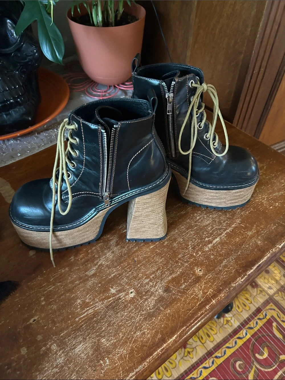 Current Mood Black Platform Lace-Up Ankle Boots with Tan Wood-Effect Heel - Picture 2 of 4